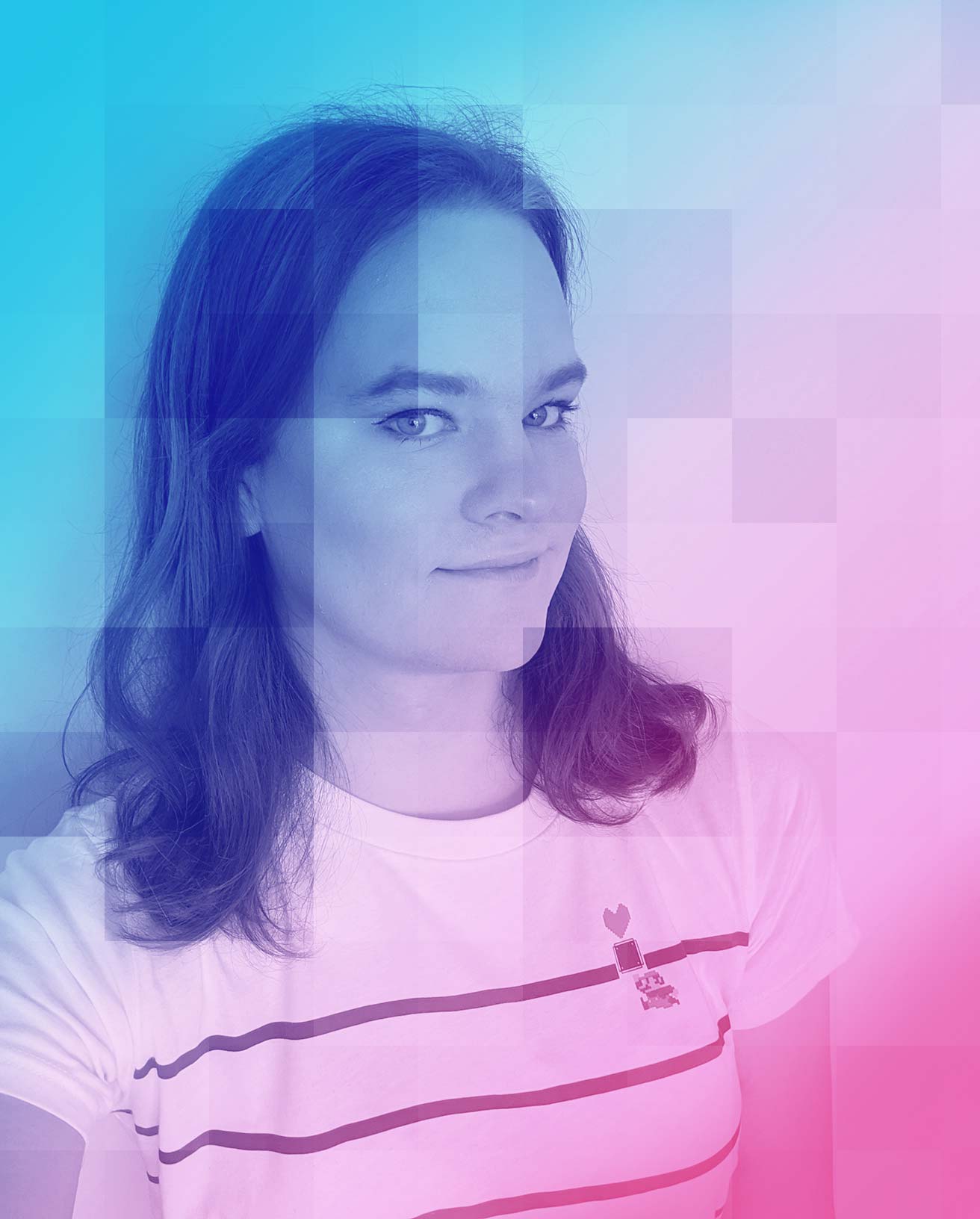 Photo of Jon, with a pink and blue overlay with pixel pattern effect.